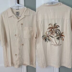 Luau Finest 100% Silk Mens Ivory Button Down‎ Hawaiian Shirt Palm Tree Medium